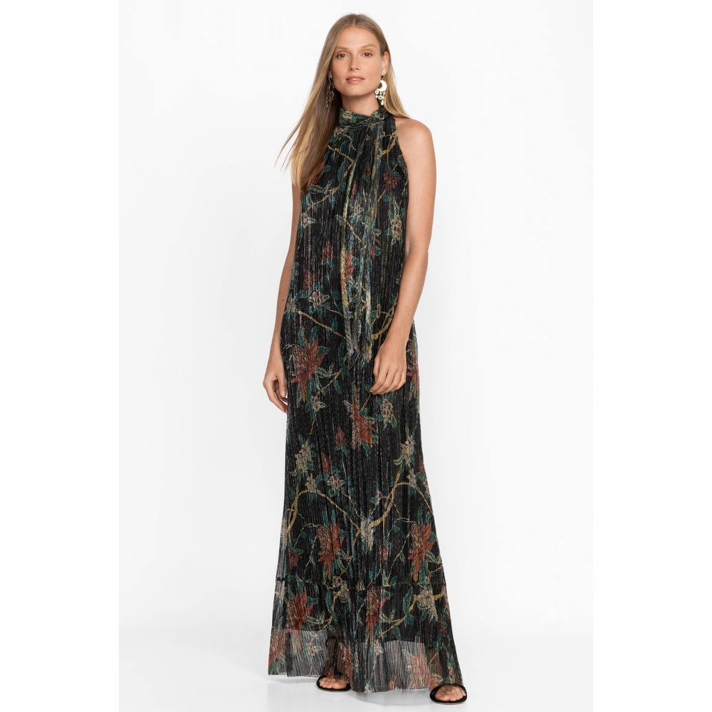 Johnny Was Jade Plisse Floral Halter Maxi Dress Womens M Black NWOT